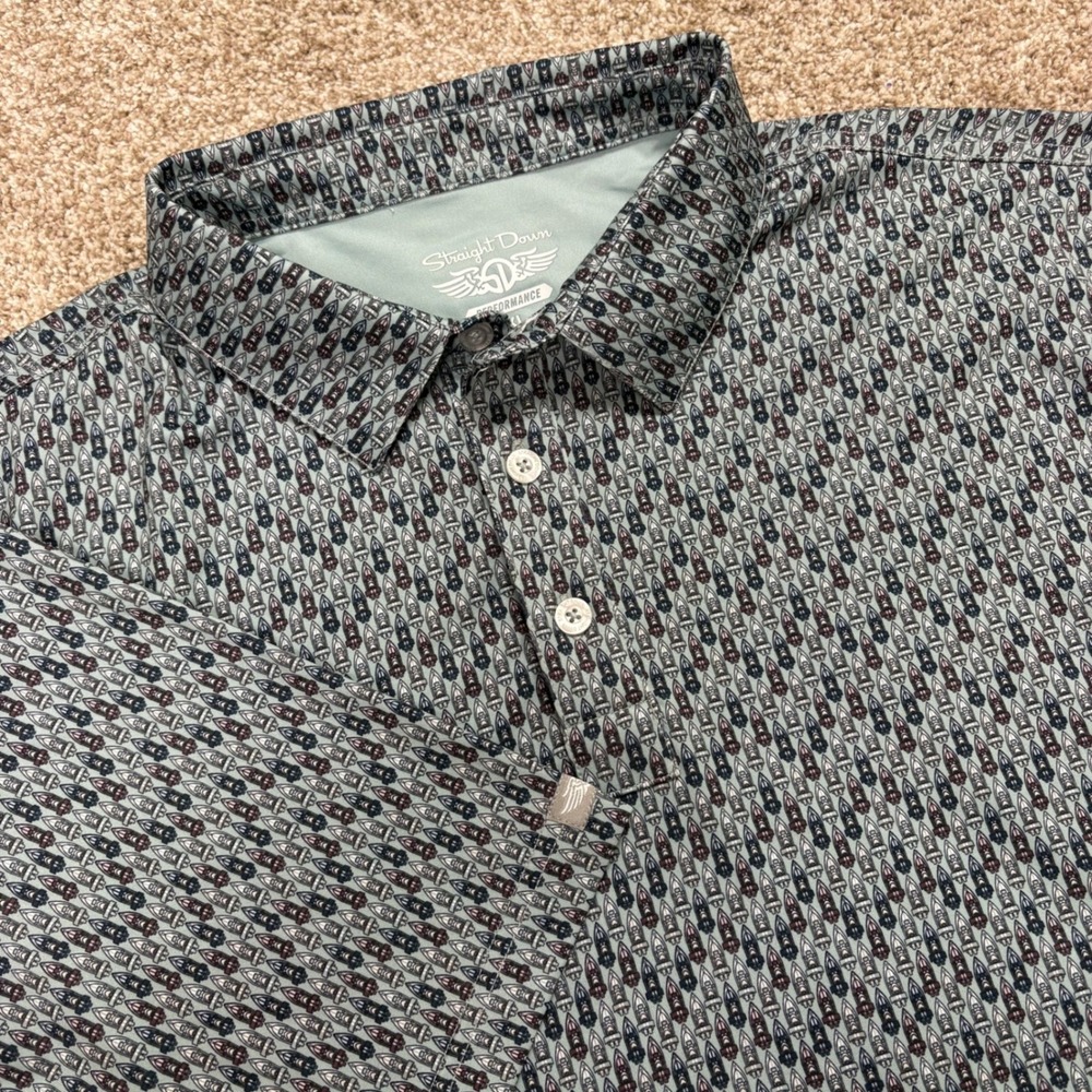 Straight Down Polo Mens XL Blue Nautical AOP Print Performance Short Sleeve